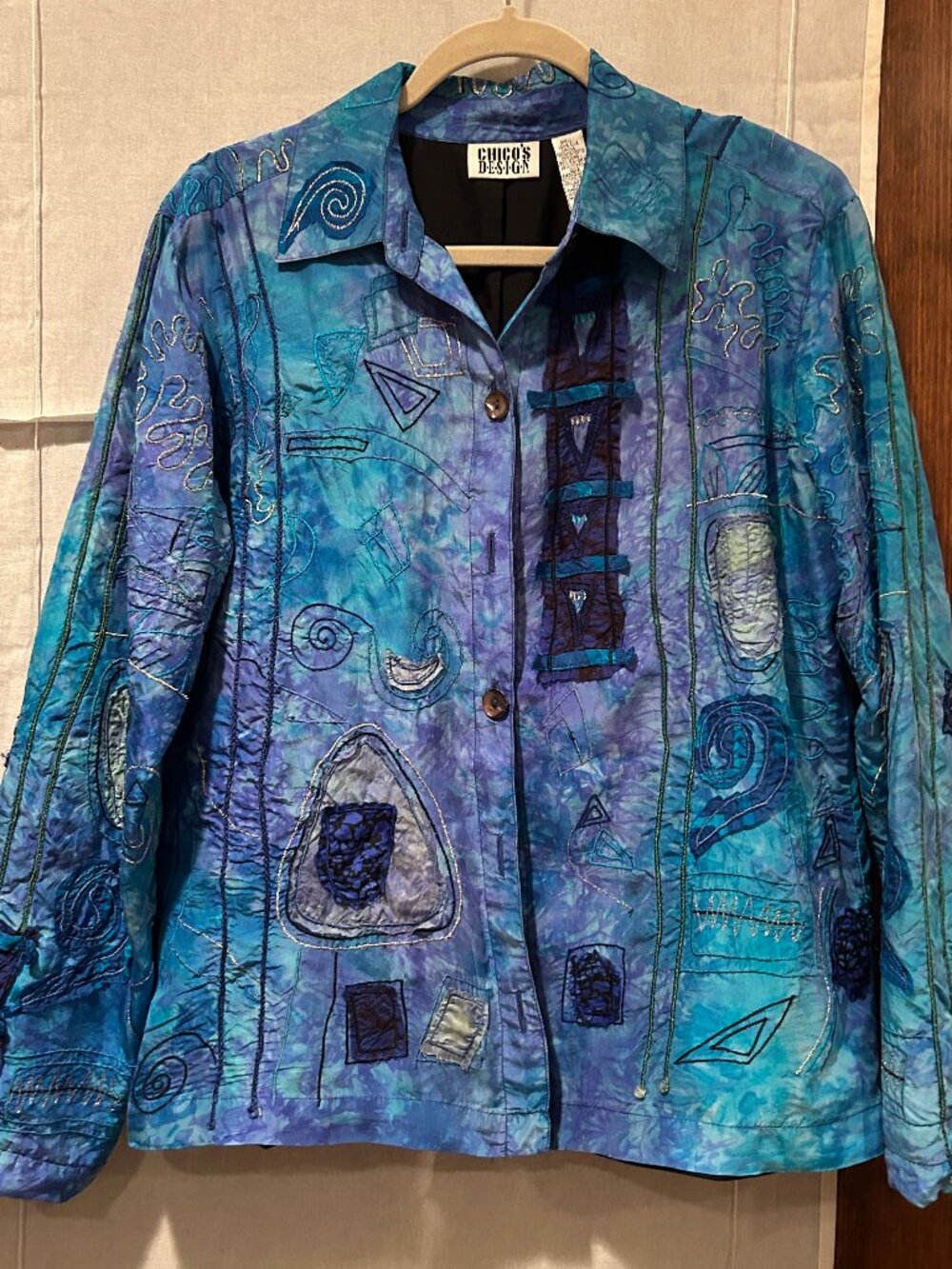 Chico's 100% Silk Patchwork Blue / Turquoise Blazer / Jacket Size 1